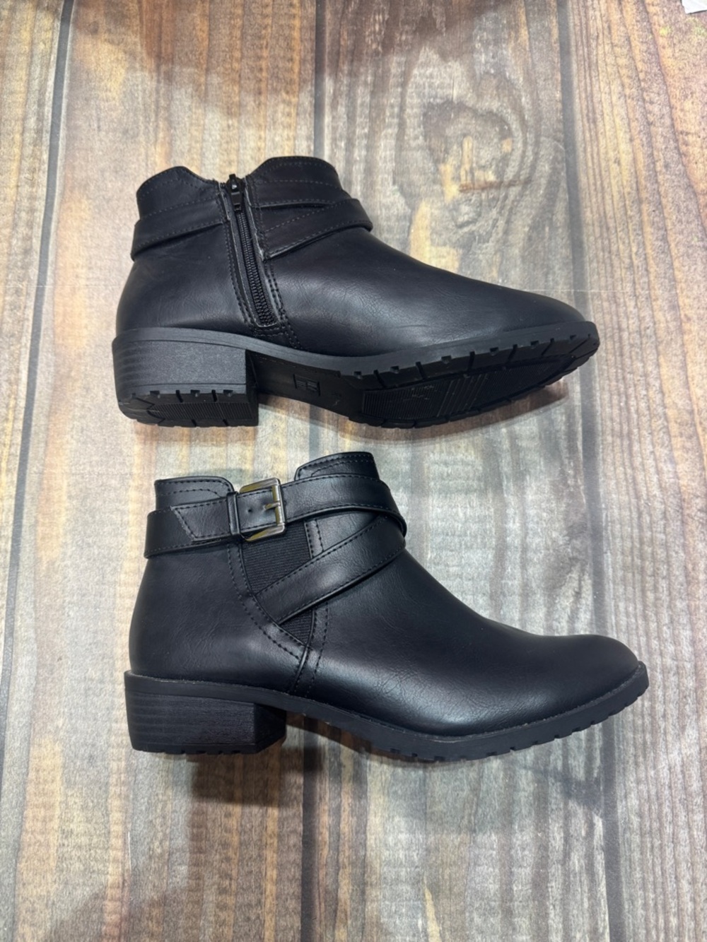 Time and Tru Black Leather-Look Ankle Booties with Buckle Strap